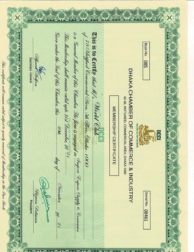 DCCI Membership certificate issued to World Club